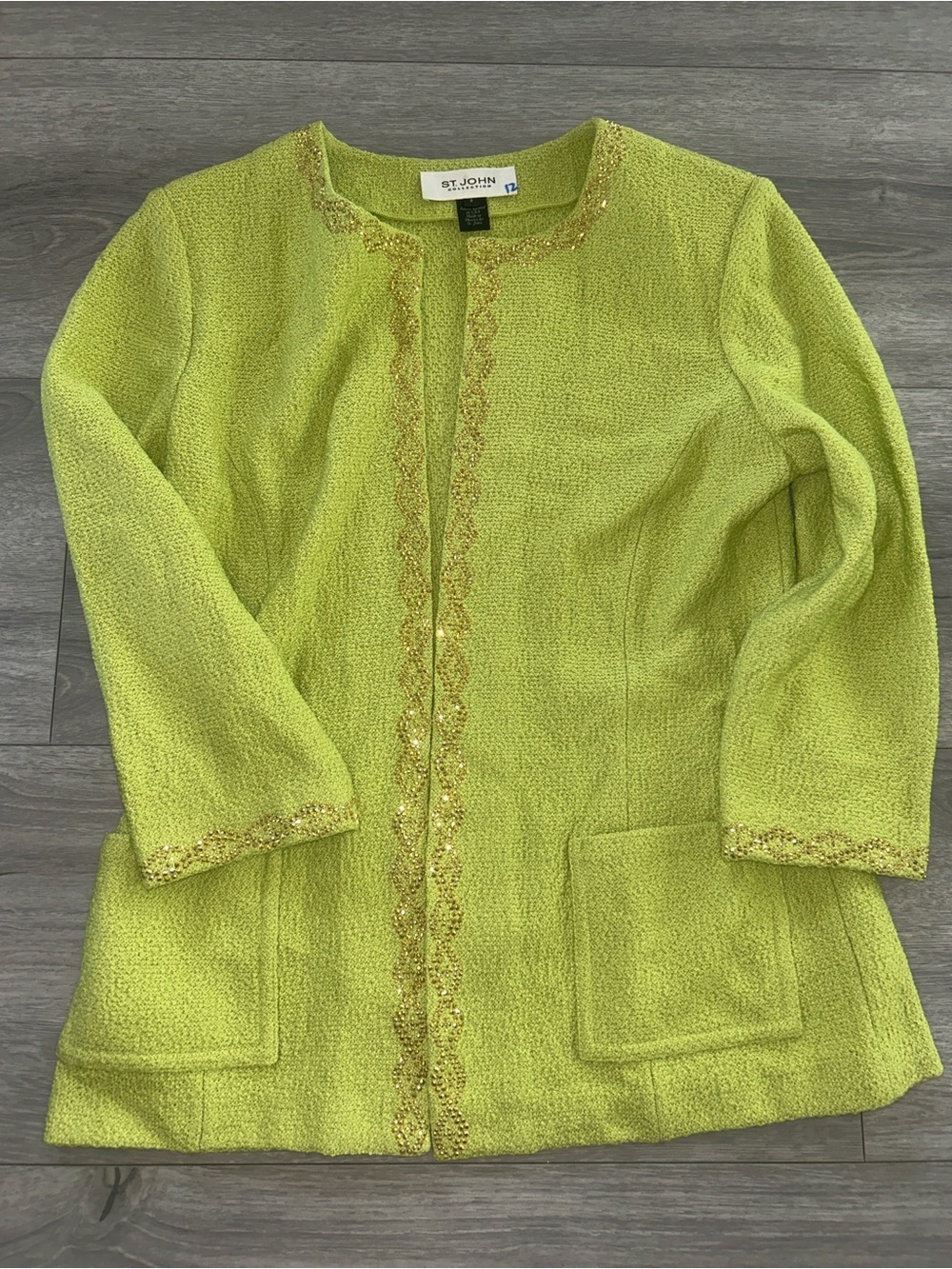 NWOT St. John Collection Lime Green Knit Jacket Gold Beaded Trim Size 6